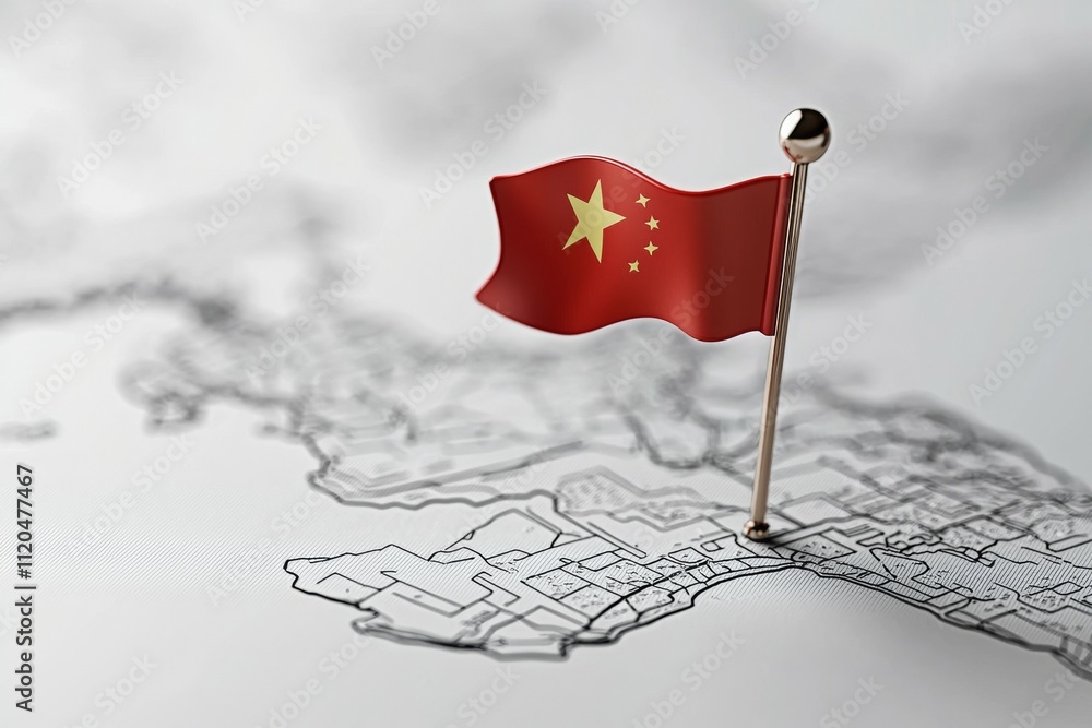 Poster a red flag with a star on it is on a map