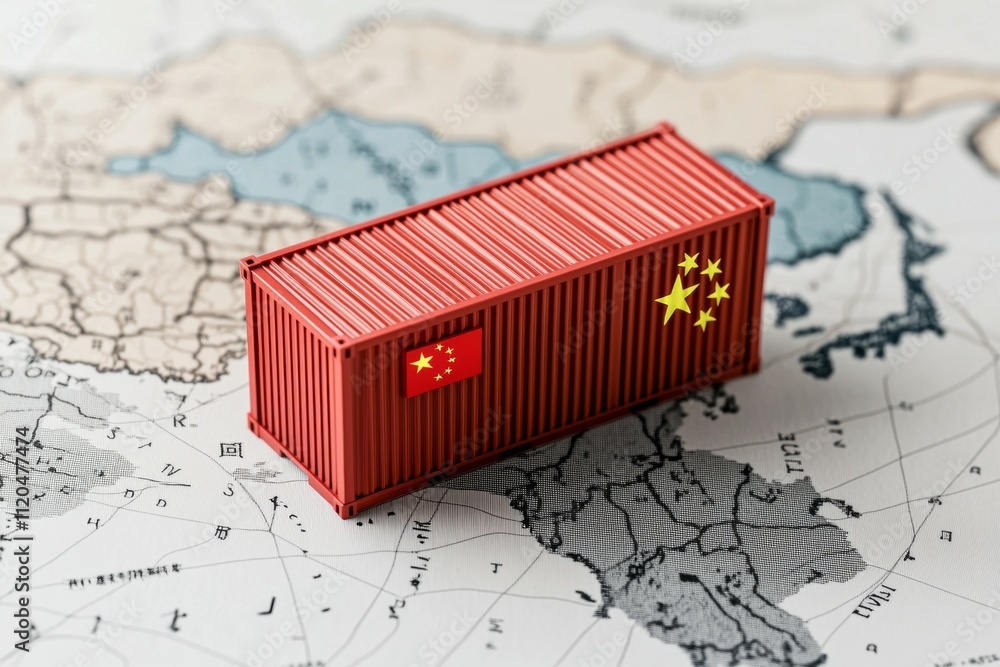 Poster a red container with a chinese flag on it is on a map