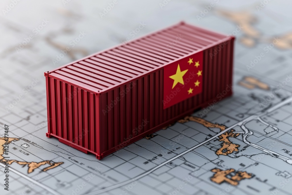 Poster a red container with a chinese flag on it is placed on a map
