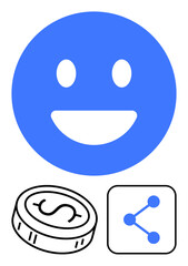 Blue happy emotion represents happiness. Coin with dollar symbol signifies finance. Share icon links communication. Ideal for finance, digital communication, social media, user engagement, customer