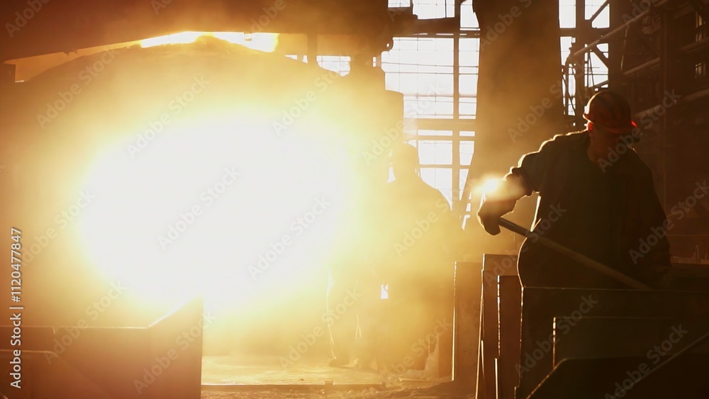 Poster an industrial worker within a heavy machinery environment with various dynamics and actions. stock c