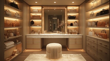 Fototapeta premium Luxurious walk-in closet with marble vanity, illuminated shelves, and ample handbag storage.