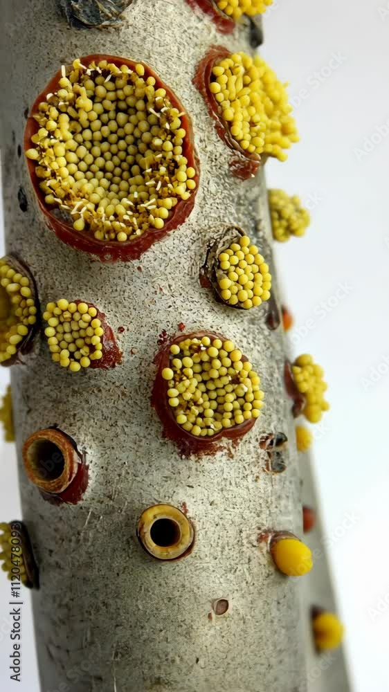 Poster close-up of colorful yellow fungi growing on a textured tree trunk in a natural setting