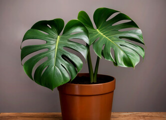 Monstera plant. Flower with large leaves in a brown pot. A Monstera Deliciosa. Two large green tropical leaves.