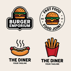 food logo for burger and hamburger sandwich fast food restaurant, burger pizza illustration icon