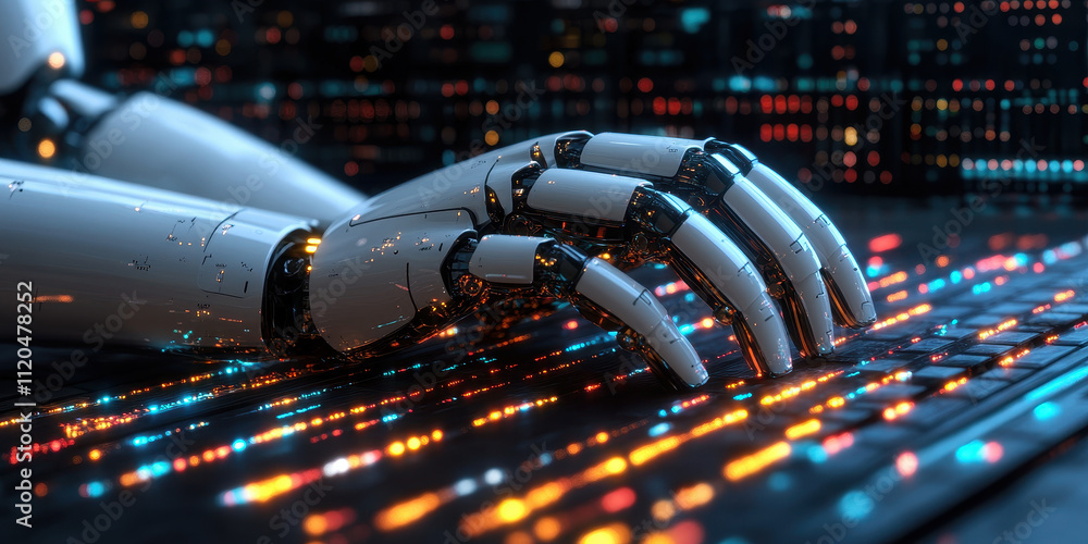 Poster futuristic ai robot hand enhancing email productivity on digital keyboard