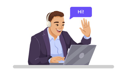 Man in a headset waving and greeting while using a laptop at work, on a white background. Concept of communication and online interaction. Vector illustration