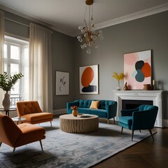 Fototapeta premium minimalist modern living room with vibrant multicolored armchairs, clean design, bright natural light, contemporary decor, sleek furniture, and playful interior accents