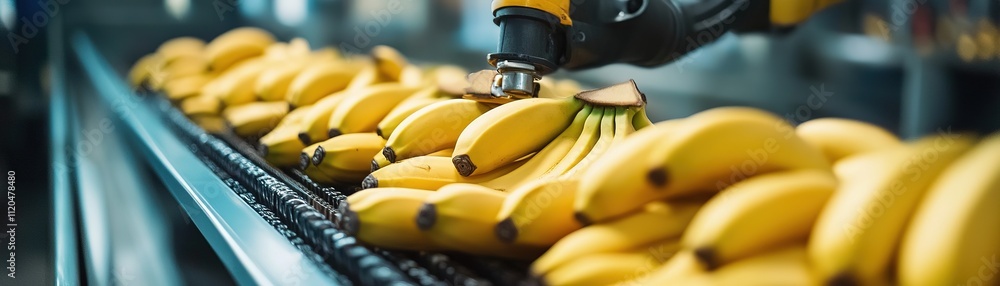 Poster automated banana sorting process fruit processing facility industry optimized environment close-up v