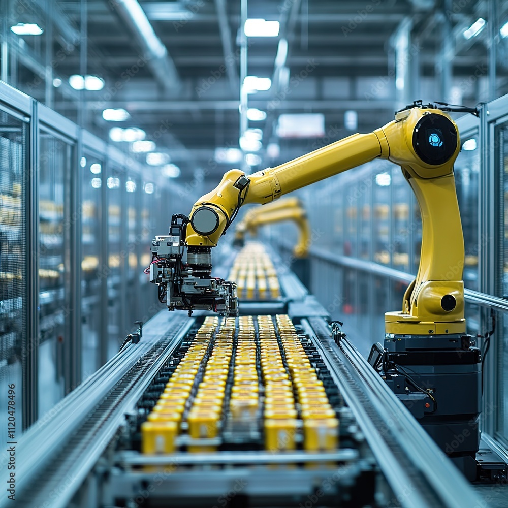 Aufkleber automated robotic arm assembly line factory industrial technology modern environment close-up view i