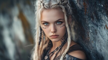 Fototapeta premium Beautiful young blonde Viking woman with piercings and dreadlocks and a cheeky look wears leather armor and jewelry
