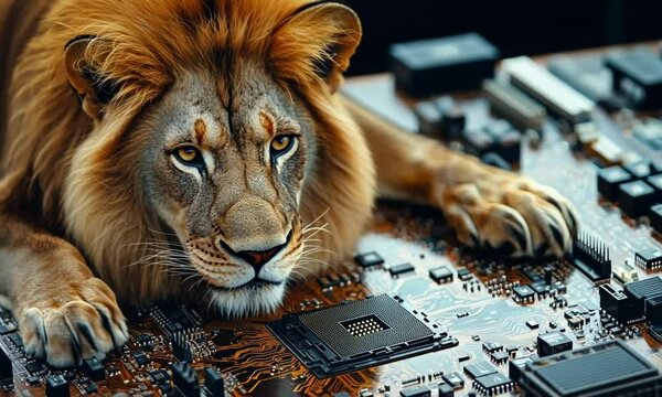 lion sitting on a processor microchip video close up