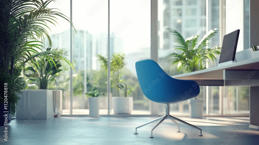 Poster bright open workspace featuring a blue chair and modern desk with large windows and greenery. genera