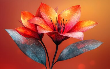 A vibrant digital illustration of orange and red abstract flowers with geometric patterns, set against a warm gradient background. The design exudes a modern, artistic flair.