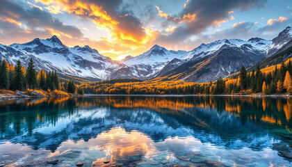 A serene alpine lake reflecting snow-capped mountains and a colorful forest at sunset.

