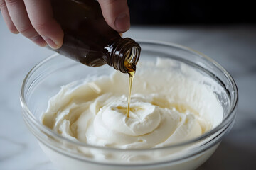 A hand pours vanilla extract into a bowl of fluffy cream, preparing for a delightful dessert
