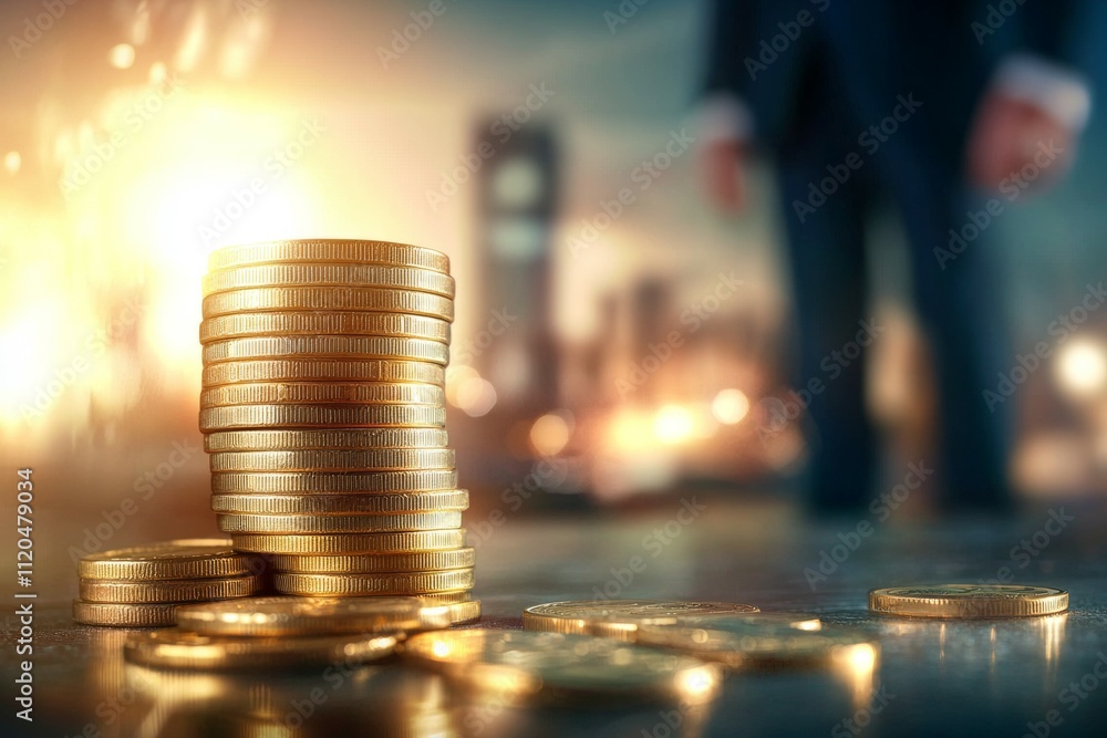 Poster a pile of gold coins on a table with a man in the background