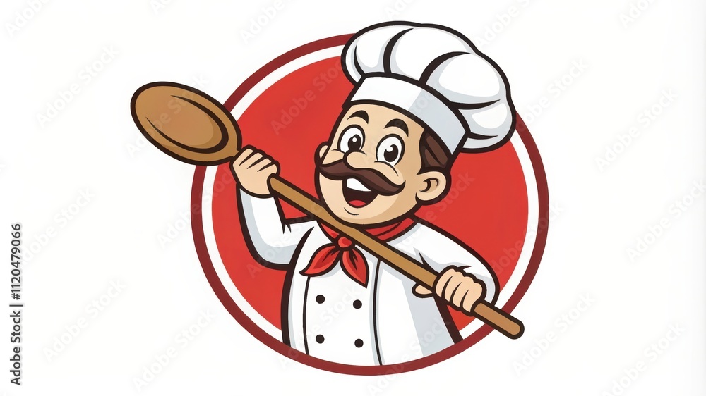 Poster mascot chef character holding a wooden spoon in a dynamic pose with a bright background. generative 