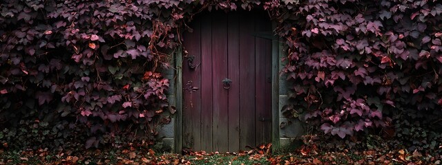 A beautiful door with vines growing on it, with burgundy and purple leaves