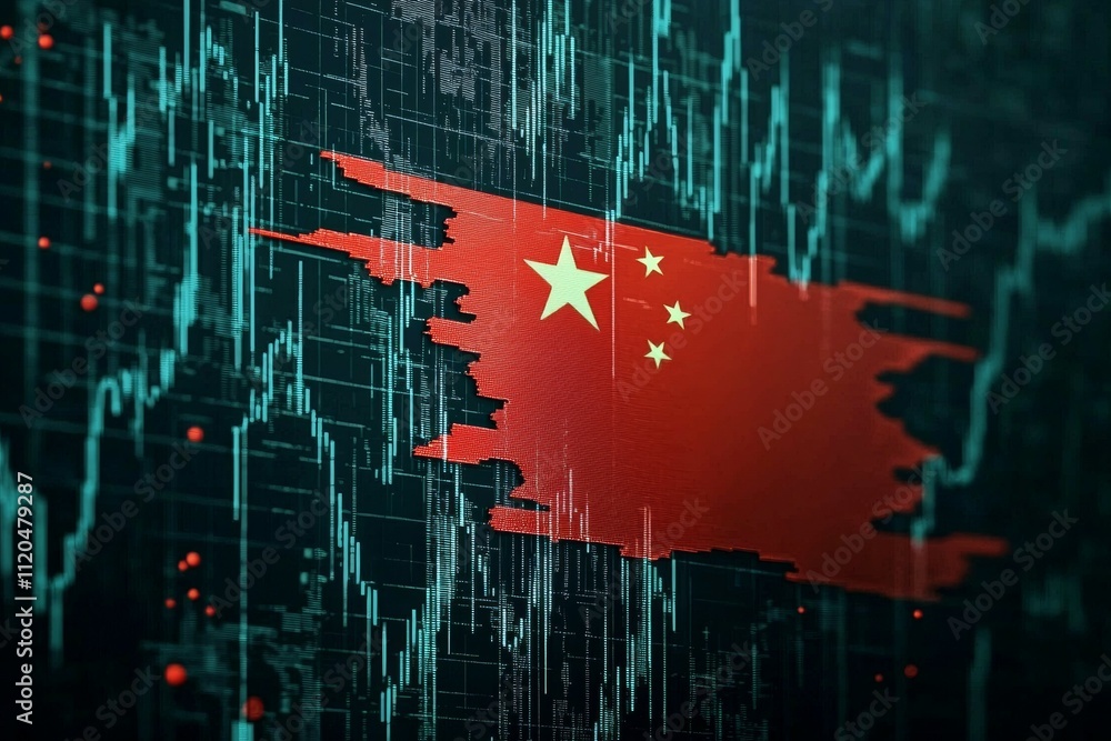 Poster a red and white chinese flag is splattered across a computer screen