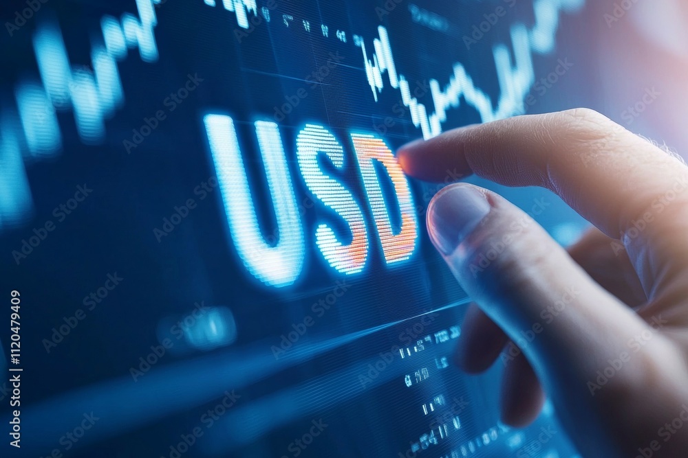 Poster a hand is pointing at the word usd on a computer screen