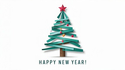 Happy New Year - festive Christmas tree, complete with, baubles and a star.