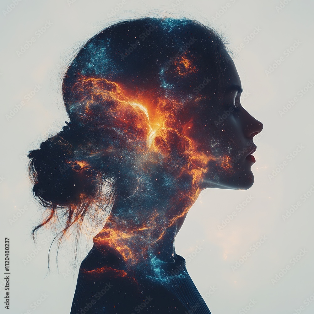 Poster cosmic exploration of self abstract space digital art ethereal environment profile view identity con