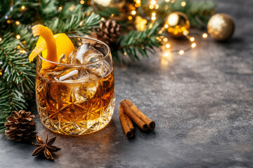 A festive cocktail, adorned with orange zest and ice cubes, rests elegantly amidst Christmas foliage and twinkling lights, exuding a warm, inviting atmosphere perfect for holiday gatherings.
