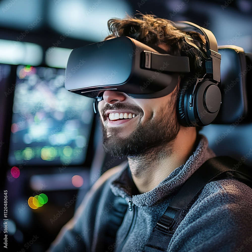Poster virtual reality experience engaging user in interactive simulation modern tech environment close-up 