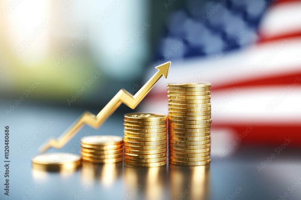 Poster a stack of gold coins is shown with a line going up, representing a rising value