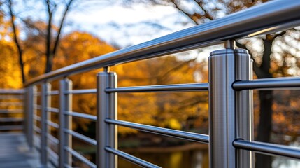 Modern metal railing on a bridge with autumn leaves in the background.