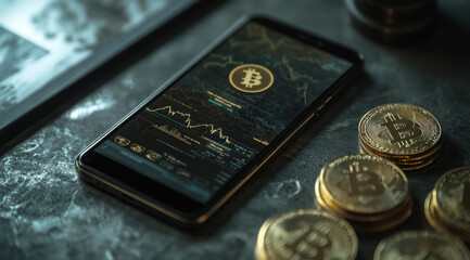 A smartphone displaying a stock exchange with a bitcoin logo and several gold coins placed next to it.