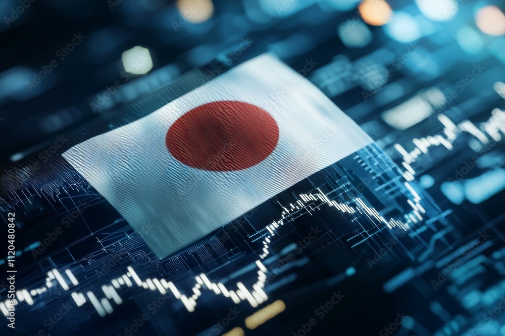 Poster a flag of japan is displayed on a computer screen with a dark background