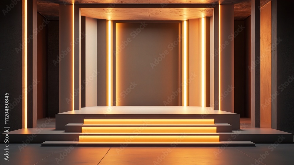 Poster modern stage setup with illuminated columns and platform design