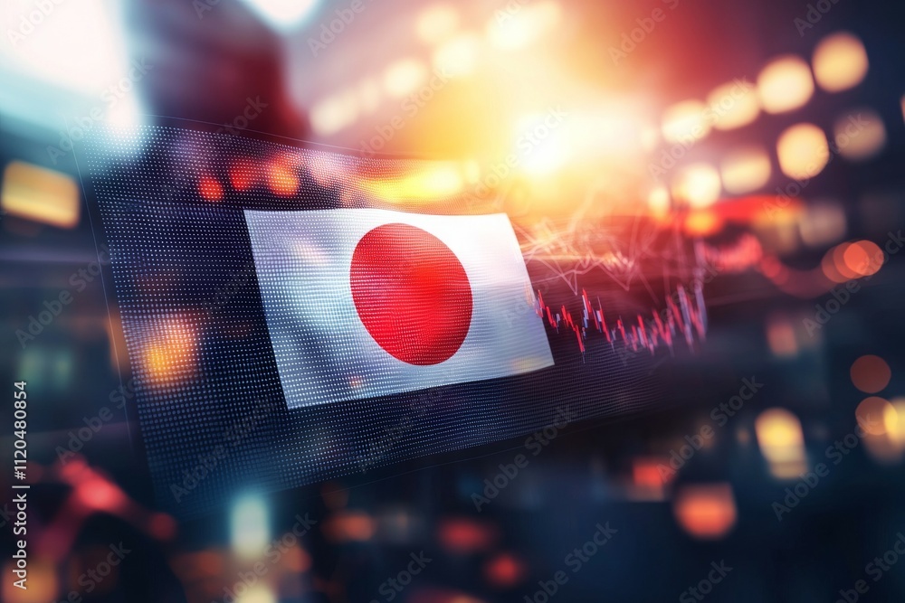 Poster a flag of japan is displayed on a screen with a bright red circle in the center