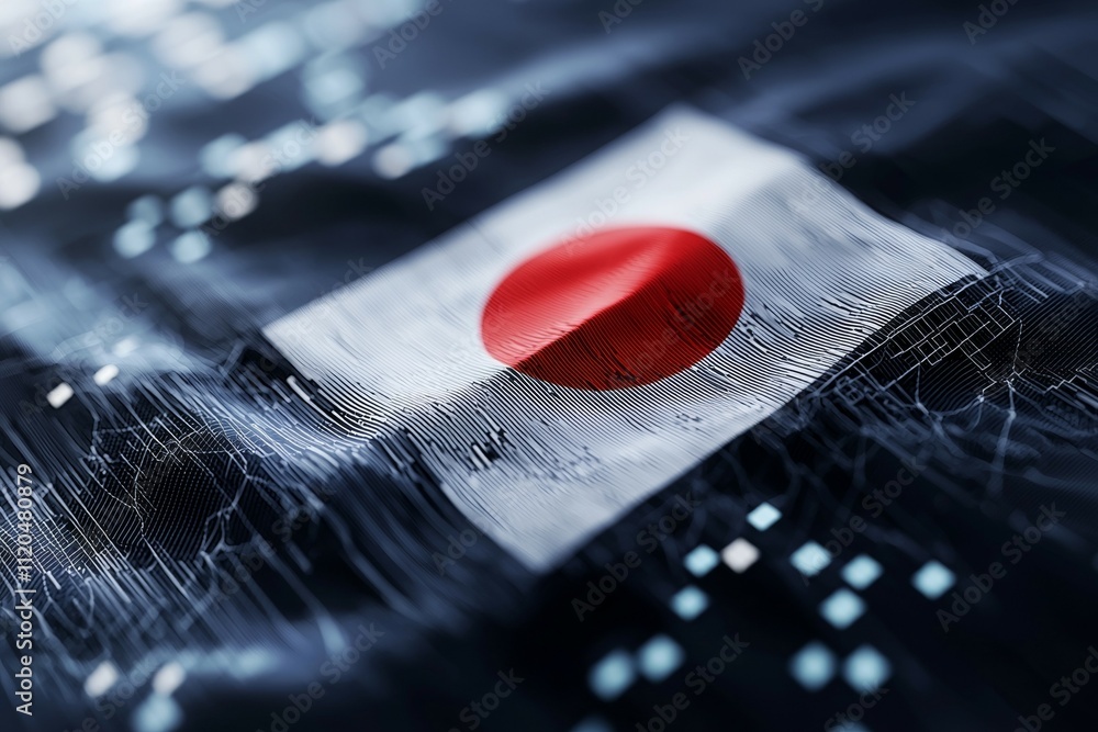 Poster a flag with a red circle on it is shown in a blurry, pixelated image