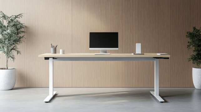 Modern adjustable height desk in minimalist office.