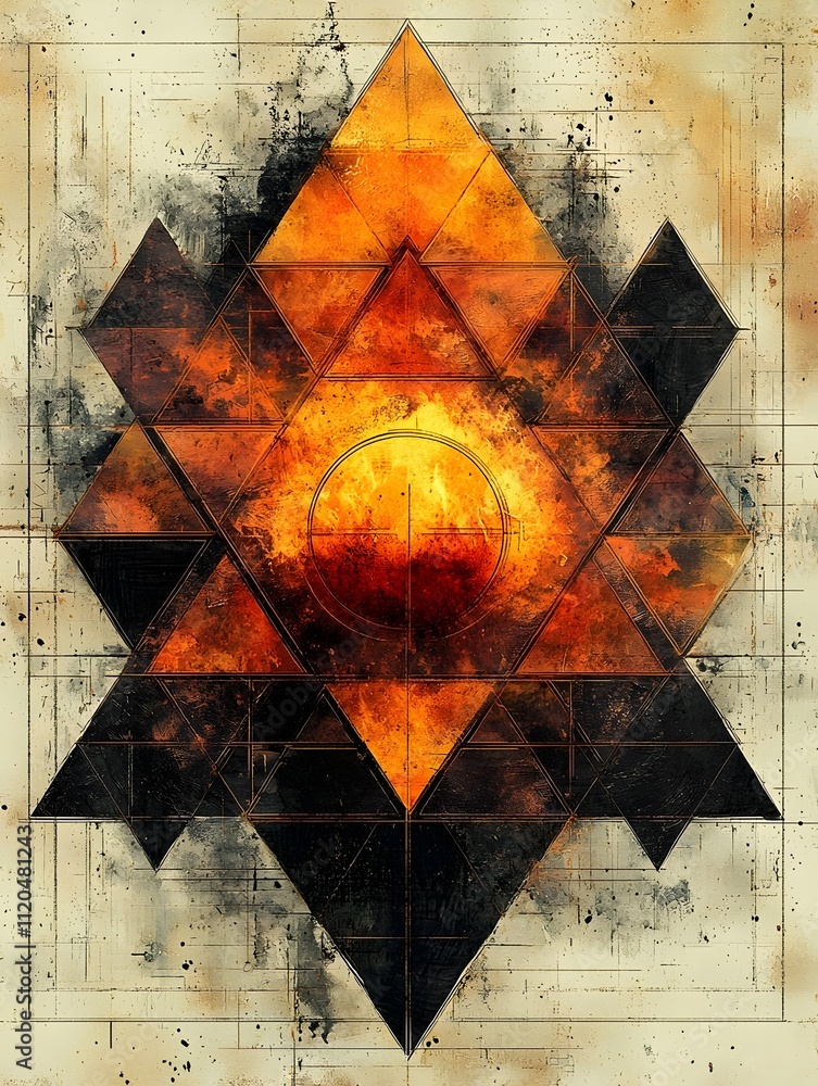 Poster a striking abstract geometric composition featuring a radiant orange center surrounded by dark trian