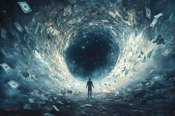 Mysterious financial vortex surreal landscape digital art cosmic environment wide angle view wealth and despair theme
