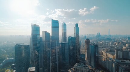 Fototapeta premium A breathtaking aerial perspective of a bustling city's towering skyscrapers.