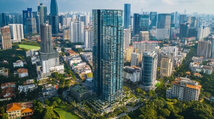 Fototapeta premium A breathtaking aerial perspective of a bustling city's towering skyscrapers.