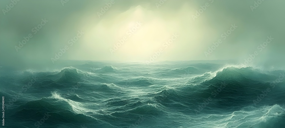 Poster a serene view of turbulent ocean waves under a misty, ethereal sky, evoking a sense of calmness and 