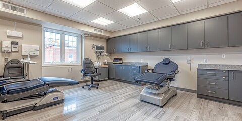 Modern medical examination room with state-of-the-art equipment, designed for optimal patient comfort and practitioner convenience, showcasing sleek furniture and advanced technology