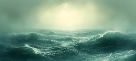Fototapeta premium A serene view of turbulent ocean waves under a misty, ethereal sky, evoking a sense of calmness and introspection in a muted greenish-blue color palette.