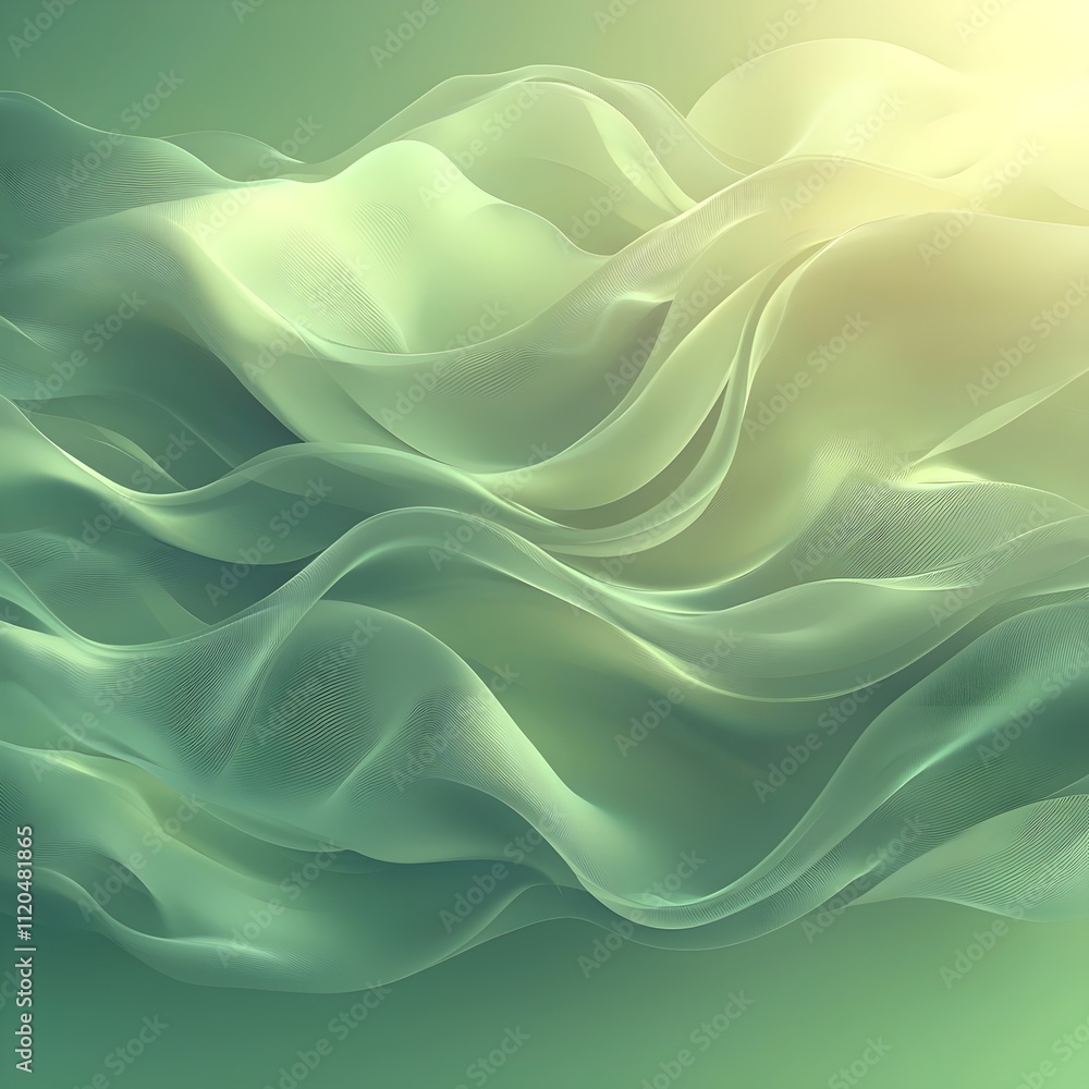 Poster an abstract composition featuring delicate, flowing fabric in soft green hues, creating a serene and