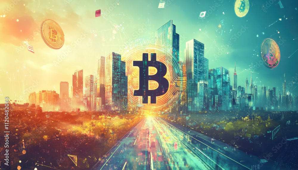 Poster digital illustration of the bitcoin logo surrounded by holographic symbols on the background of an a