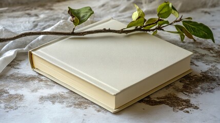 A minimalistic composition of a book with bookmarks and a delicate branch on a soft background.


