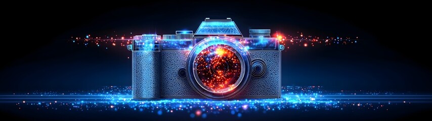 A stunning digital illustration of a camera, illuminated with vibrant blue and orange lights, creating a magical, cosmic effect around the lens, showcasing a creative blend of technology and art.