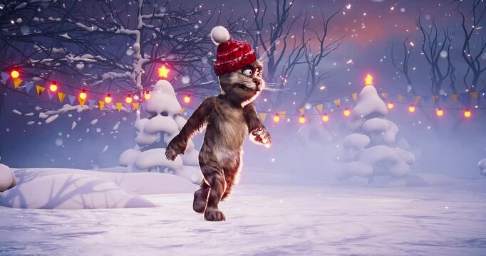  Funny cat dances in a Santa Claus hat on a festive Christmas background. Snow-covered landscape with decorated Christmas trees. Animated video for holiday cards, festive events, and New Year's partie
