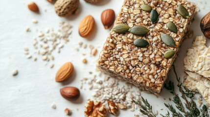 Fototapeta premium Nutty gluten free breakfast bar with seeds and nuts on rustic surface